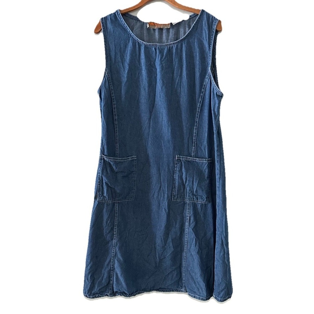 Vintage Denim Jazz Overall Dress Womens Large Blue Pockets Midi Cottagecore Y2K